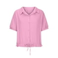 thumbnail image 4 of GigrtiJin Womens Button down Lapel Shirt Summer Short Sleeve Loose Casual Work Blouse Lightweight Drawstring Hem Tops, 4 of 6