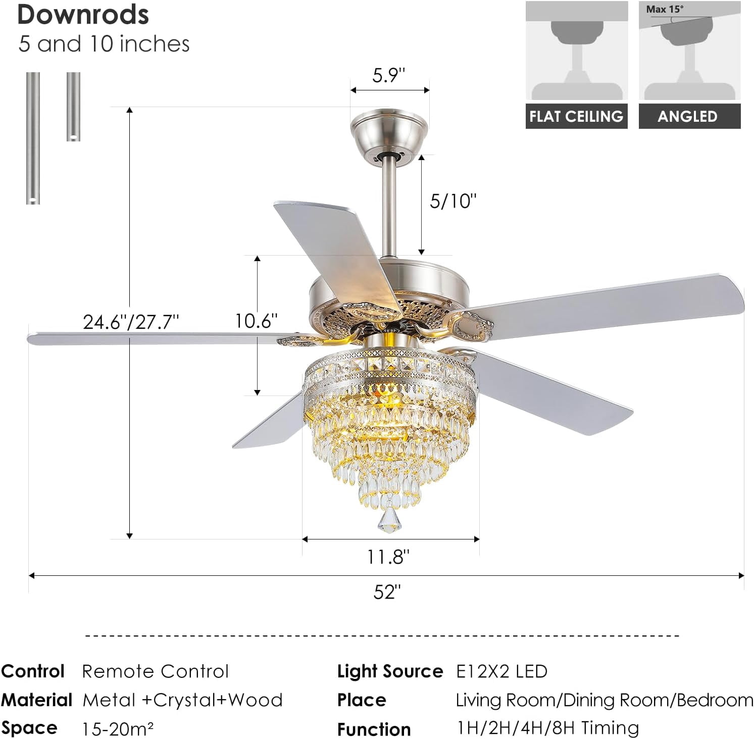 PHORUS 52'' Modern Crystal Ceiling Fan with Lights Remote Control,5 Blades Fandelier Ceiling Fan with Light,Whisper-Quiet Motor,Elegant Chandelier Fan for Living Room,Silver