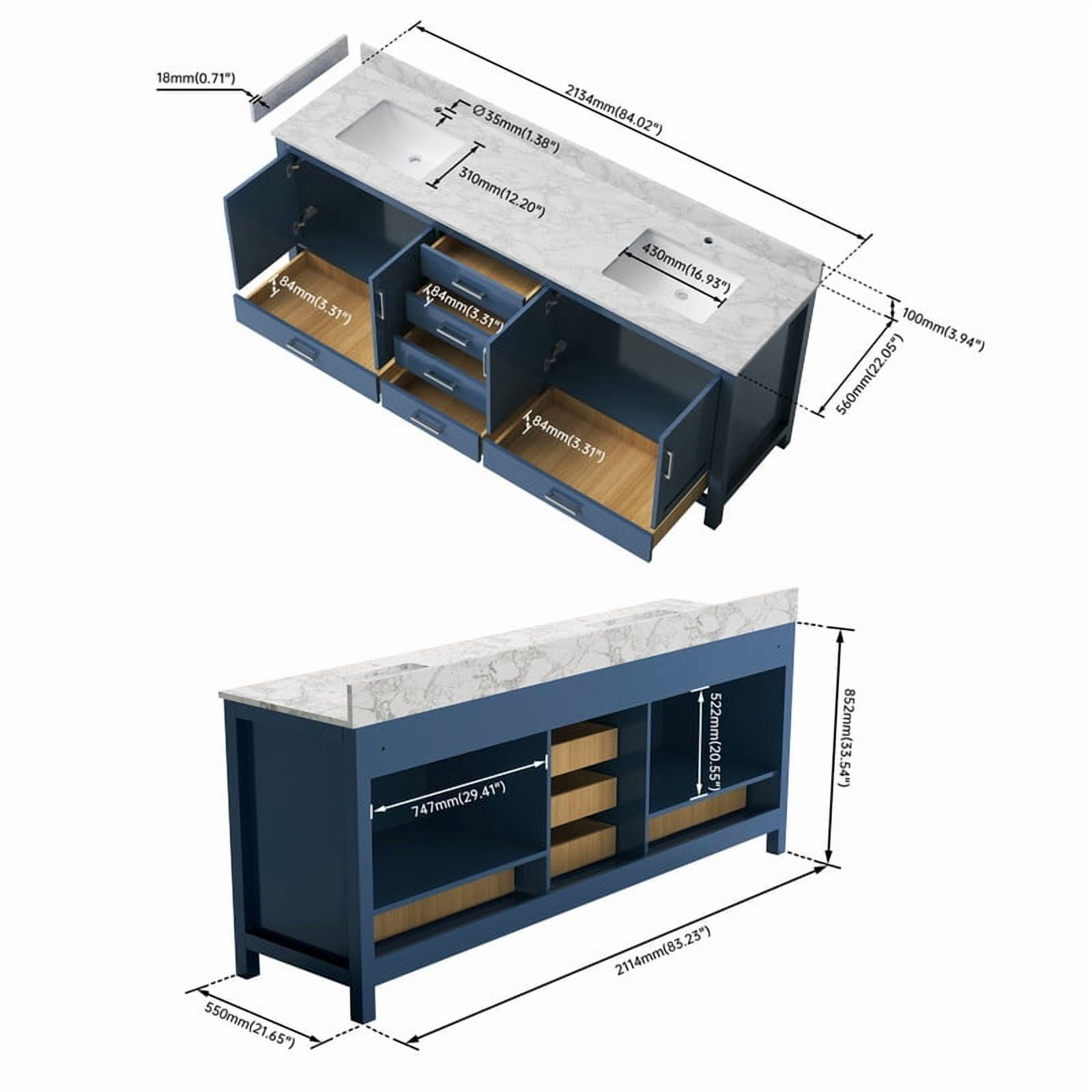 MEDUNJESS 84" Modern Bathroom Vanity with Double Basins Sink, Free Standing Vanity Cabinet with Faucet Hole(Blue)