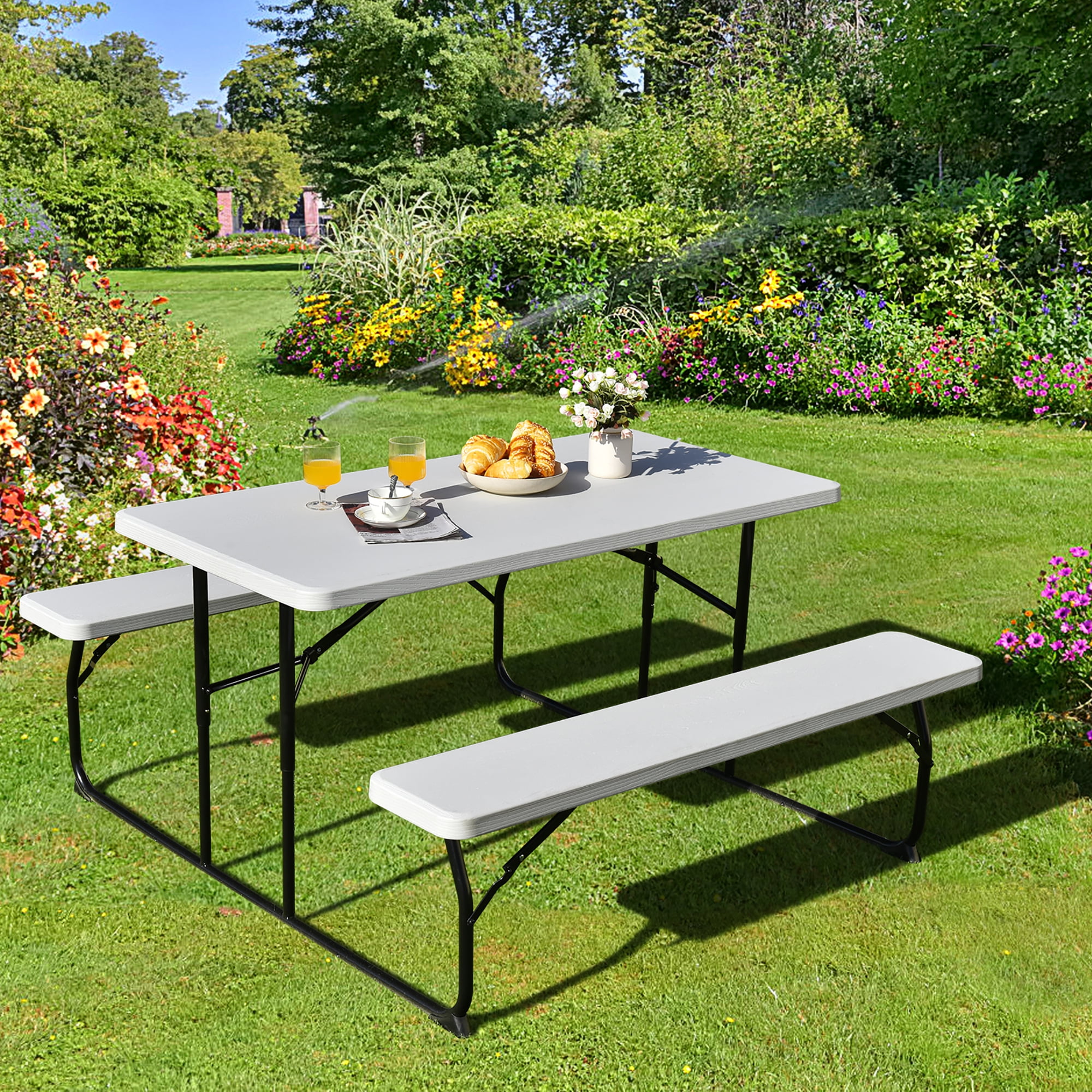 Costway Portable Folding Picnic Table Set with Extension for Adults White Metal Outdoor Camping Furniture Walmart