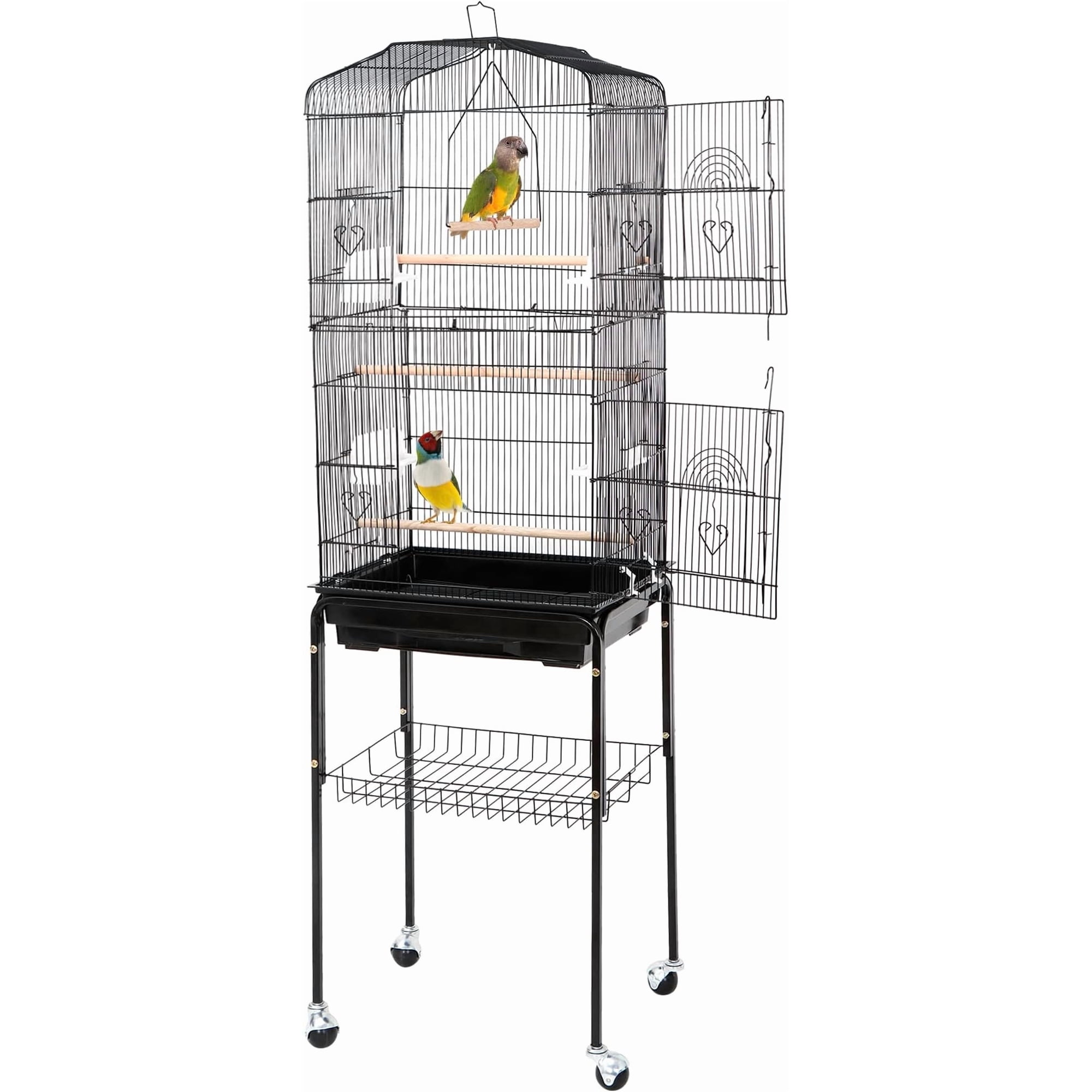 63.4 Inch Bird Cage, Rolling Wrought Iron Parrot Cage | with Side-out Tray, Storage Shelf, Bird House for Parrot Cockatiel Cockatoo Parakeet Macaw Finches
