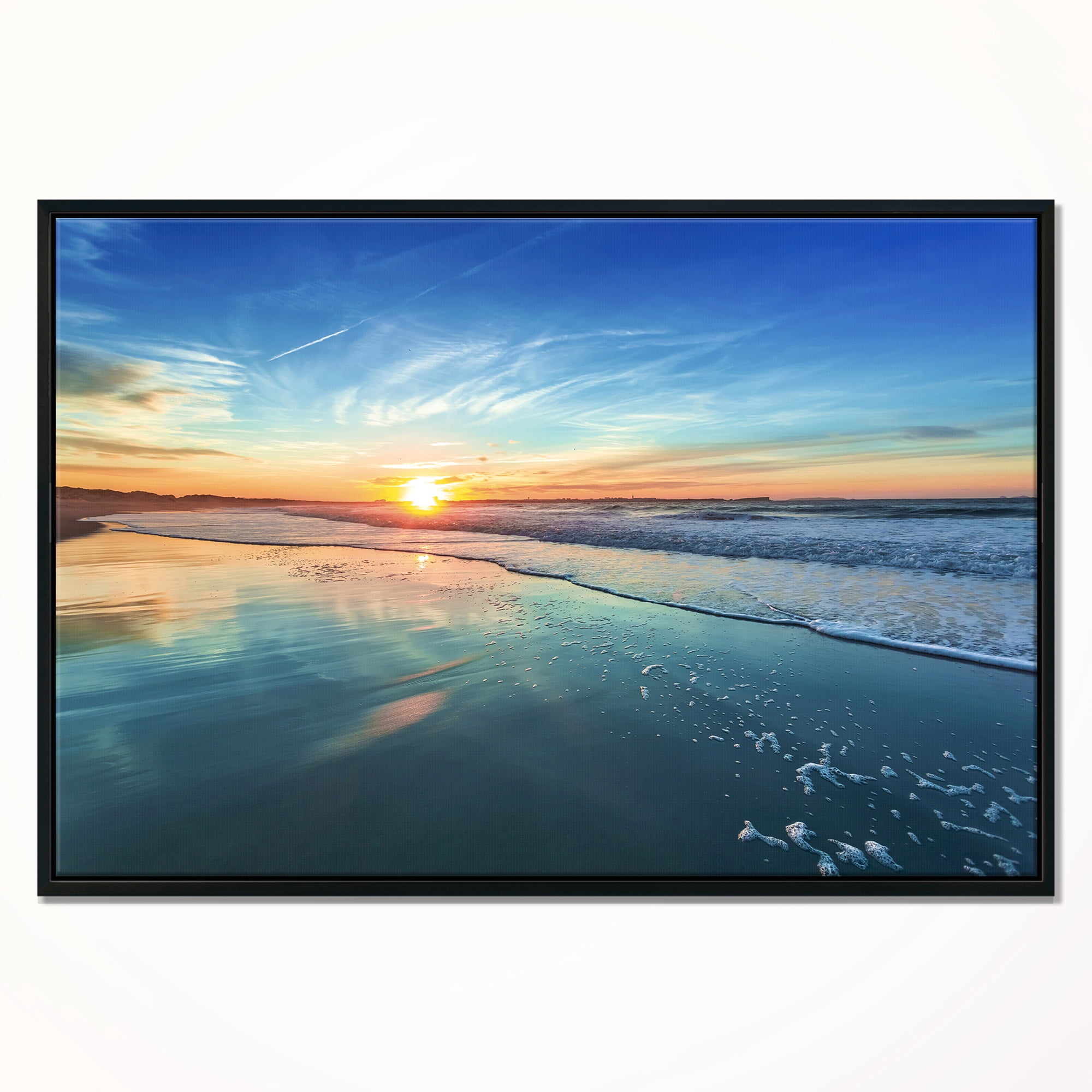 Designart ' Blue Seashore with Distant Sunset ' Seascape Framed Canvas Art Print