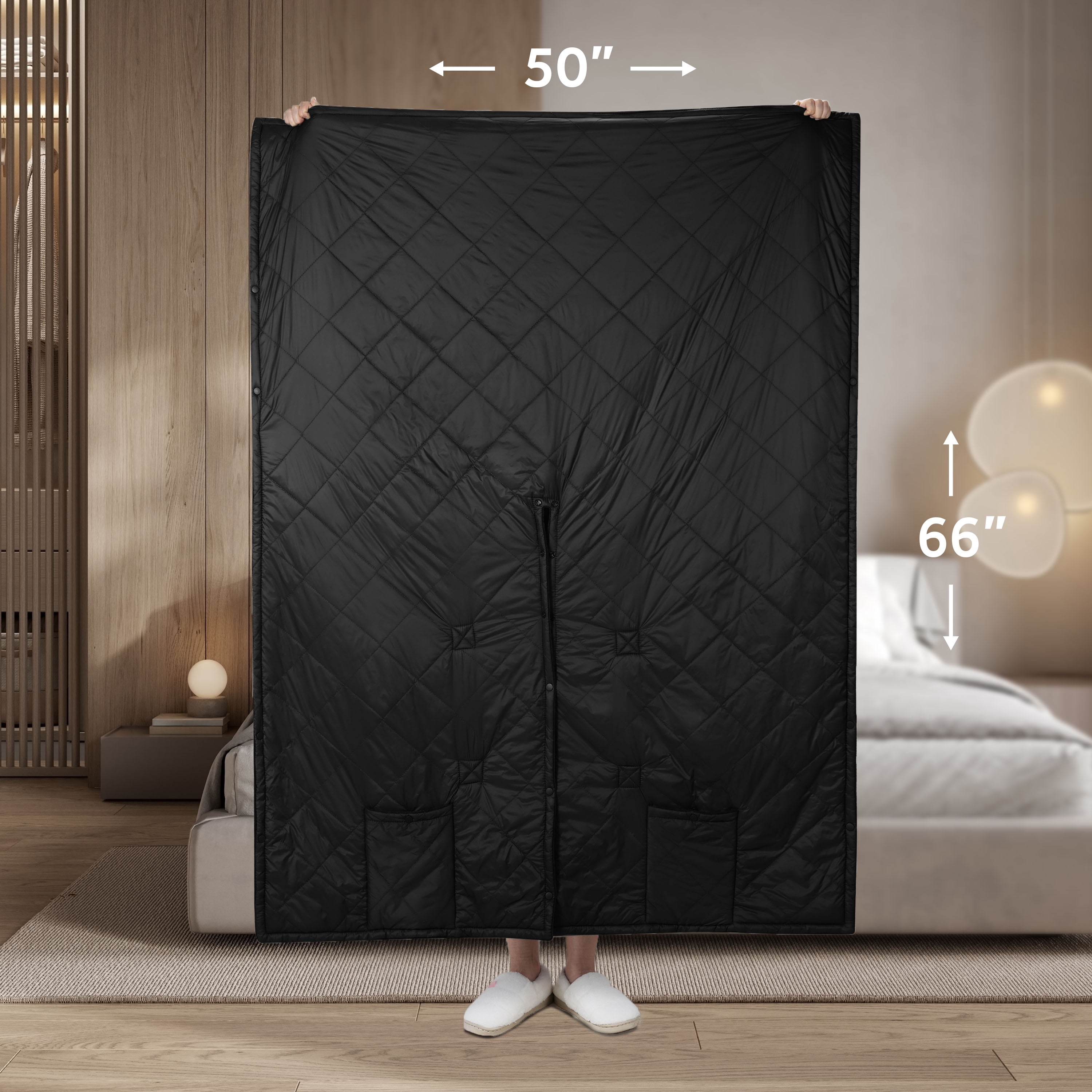 Sunbeam Cordless Rechargeable Heated Electric Wearable Throw Blanket with Hood, Black, 4 Heat Settings, 50 x 66 in
