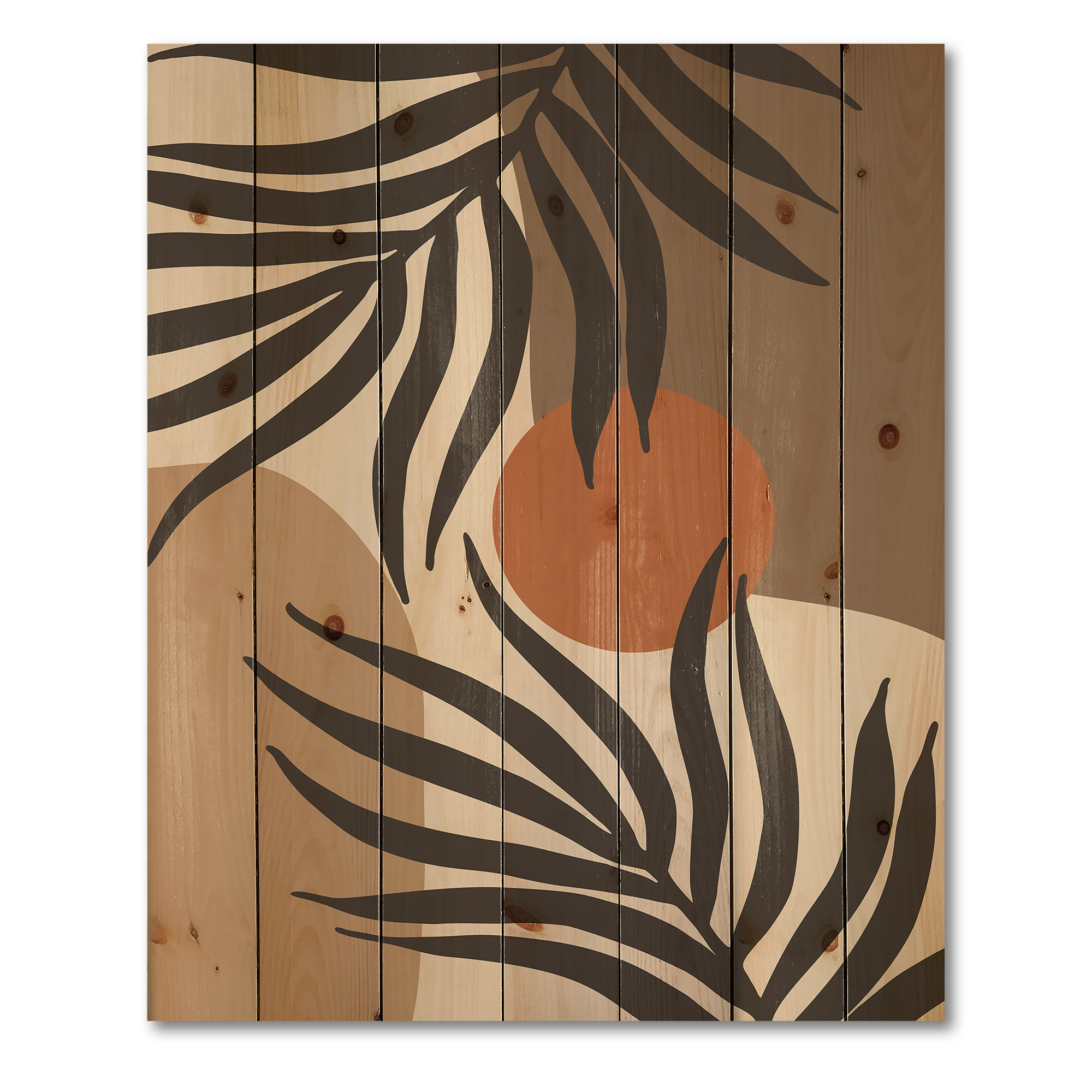 Designart 'Sun and Moon Shapes In Retro Terracotta Tones III' Modern Print on Natural Pine Wood