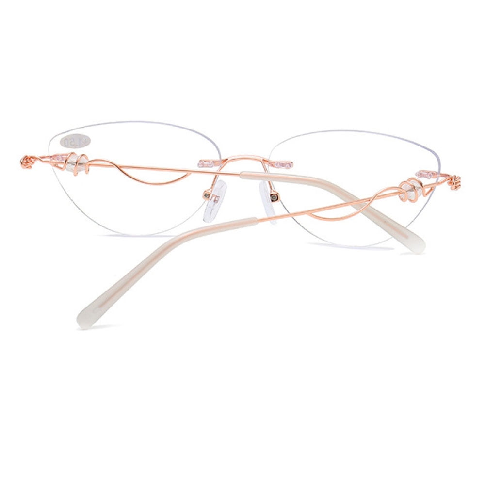 2 Pairs of Cat Eye Frameless Diamond Blue Light Blocking Reading Glasses 2.00 for Women Rimless Gold Presbyopic Glasses Metal Lightweight Readers +2.0