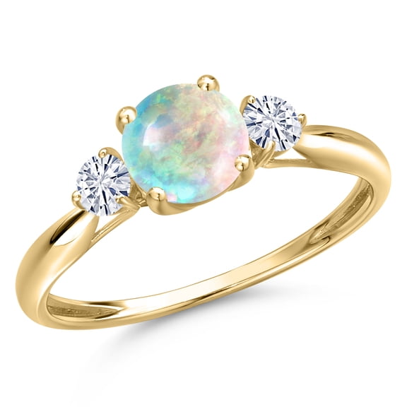 Gem Stone King 10K Yellow Gold Simulated White Opal and White Moissanite 3-Stone Ring for Women | 0.50 Cttw | Round Cabochon 6MM | Gemstone October Birthstone | Size 7