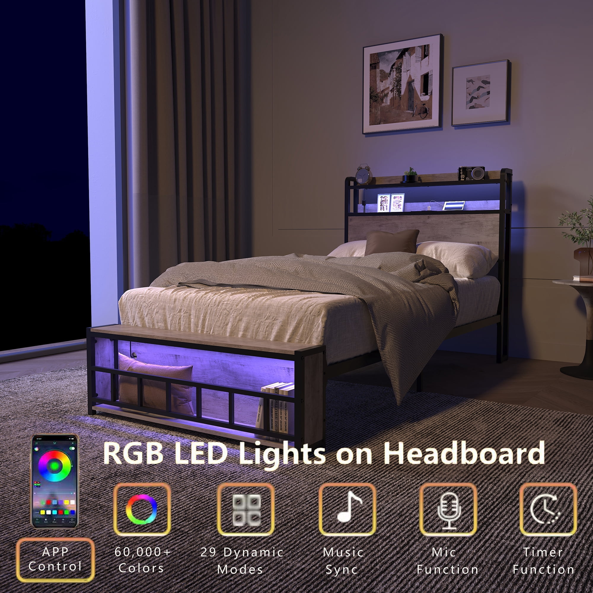 Miniyam Twin Bed with LED Headboard, USB Charging, Storage Shelves for Teens