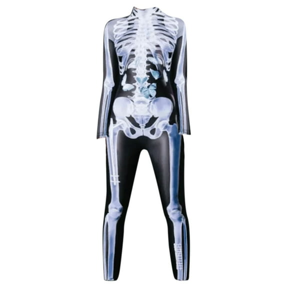 ZAZYULZ Charming Sexy Skeleton Jumpsuit Halloween Long Sleeved Tights Women's Body Skeleton 3D Printing Jumpsuit(Black,L)