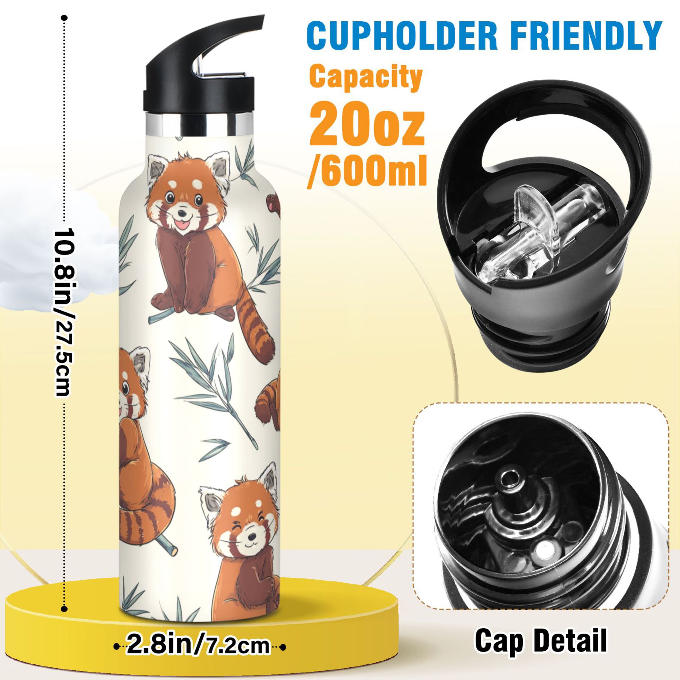 Kids Insulated Stainless Steel Sports Water Bottle 600ml (20oz) Red Panda Pattern