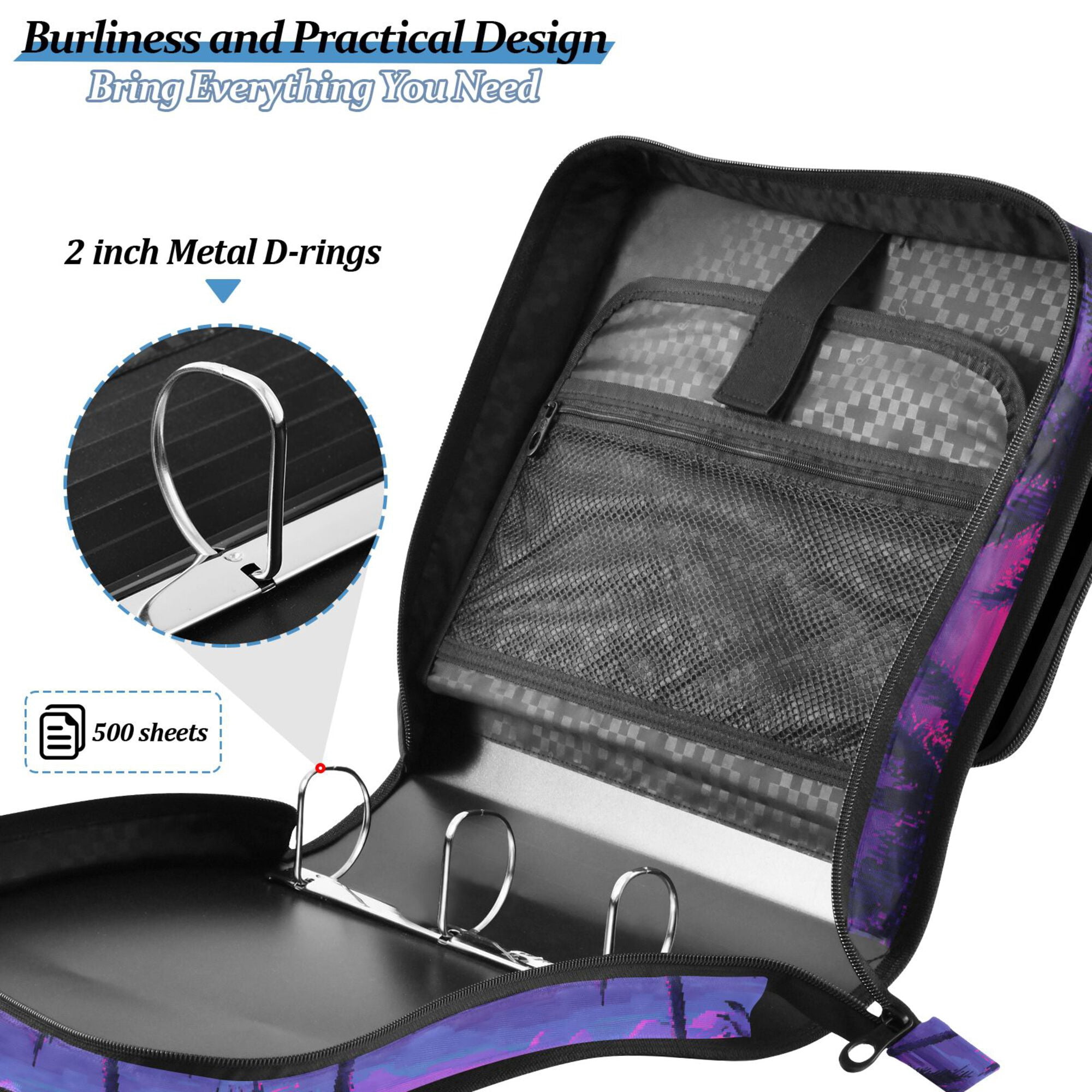 FORMRS Zipper Binder with Shoulder Strap 2-inch Ring 500 Sheet Capacity File Bag, Pink Digital Art