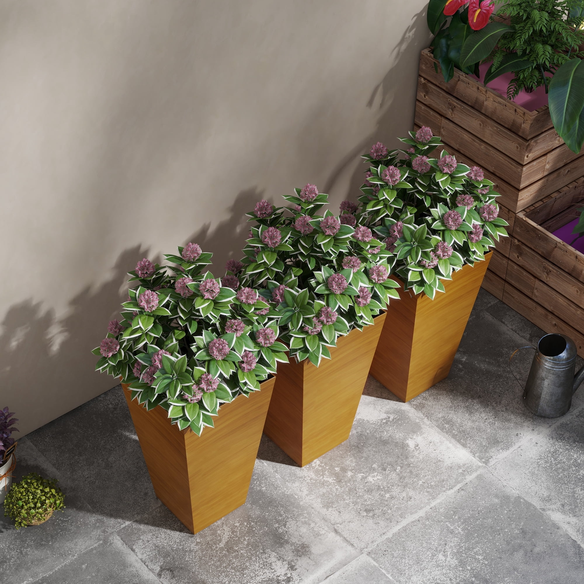 Outsunny Set of 3 Tall Outdoor Planters w/ Drainage Holes Light Brown