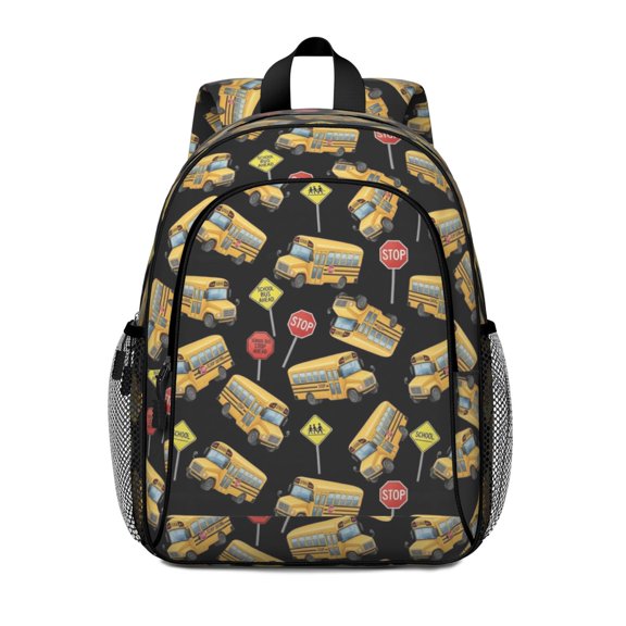 School Bus and Traffic Signs Black Pattern Backpack for School, Cute School Bag with Adjustable Shoulder Straps and Padded Back, 15"x11.42"x5.5"