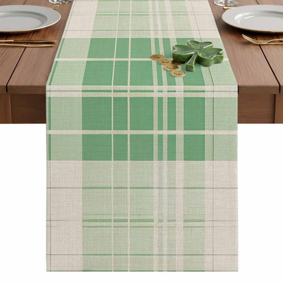 Green Buffalo Plaid Table Runner 13 x 60 Inch, Spring Rustic Washable Cotton Linen Dining Table Runner Tabletop Decorations for Restaurant Home Kitchen Party