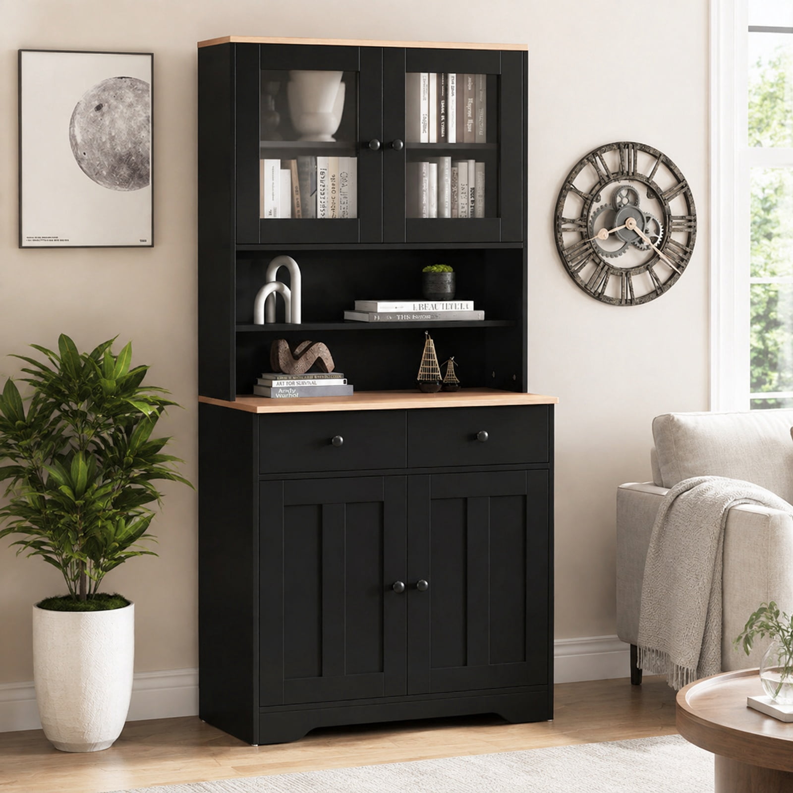 Furnibear Tall Kitchen Pantry Cabinet with Glass Doors 2 Drawers Adjustable Shelves and Countertop Freestanding Storage Cabinet for Kitchen, Black