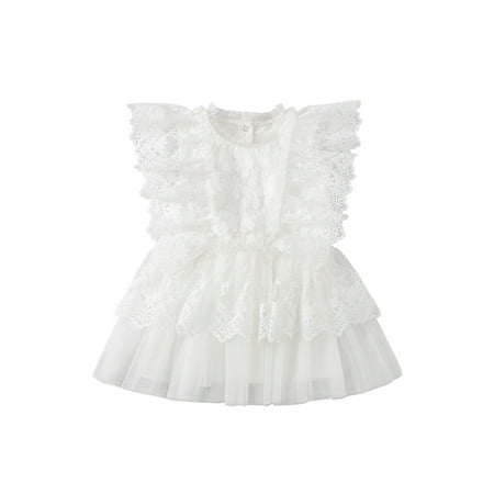 

Calsunbaby Toddler Kids Girls Dress Solid Color Ruffle Round Neck Lace Patchwork Sleeveless Dress Princess Dress White 6-12 Months