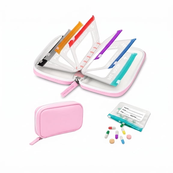 A8 Waterproof Pill Organizer Set, Pill Containers for Traveling with 14 Color-Coded Pouches, Leakproof Reusable