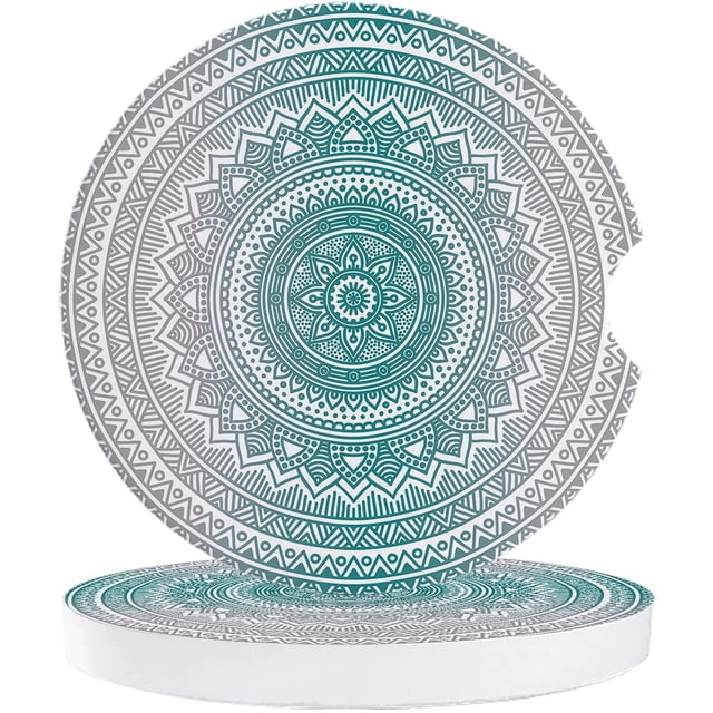 RYLABLUE Grey and Aqua Green Mandala Gradient Pattern Set of 6 Car Coaster for Drinks, Absorbent Ceramic Stone Coasters Cup Mat with Cork Base for Home Kitchen Room Coffee Table Bar Decor