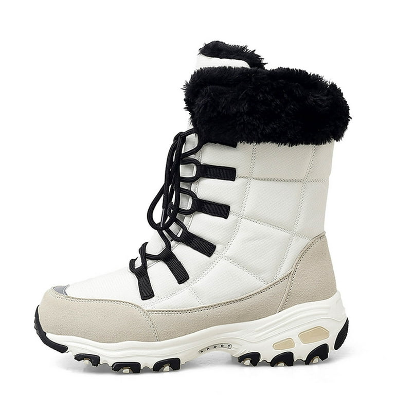 VKEKIEO Winter Boots For Women Round Toe High Heel Walking Shoes Slip-On  Beige Snow Boots Women 