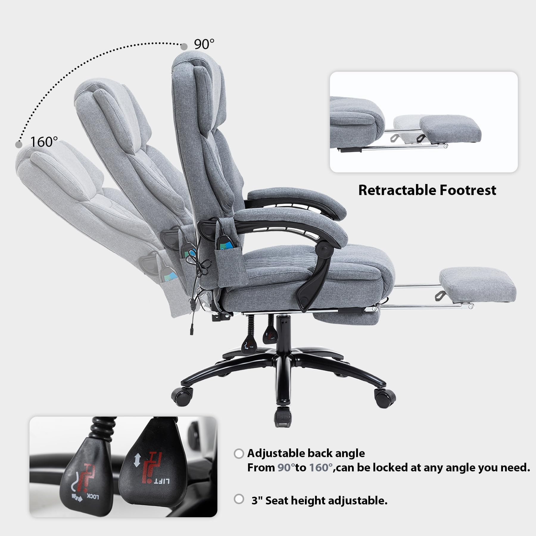 HESL Office Chair With Massage And Heated Lumber Spport, Big and Tall Reclining Desk Chair,Gray