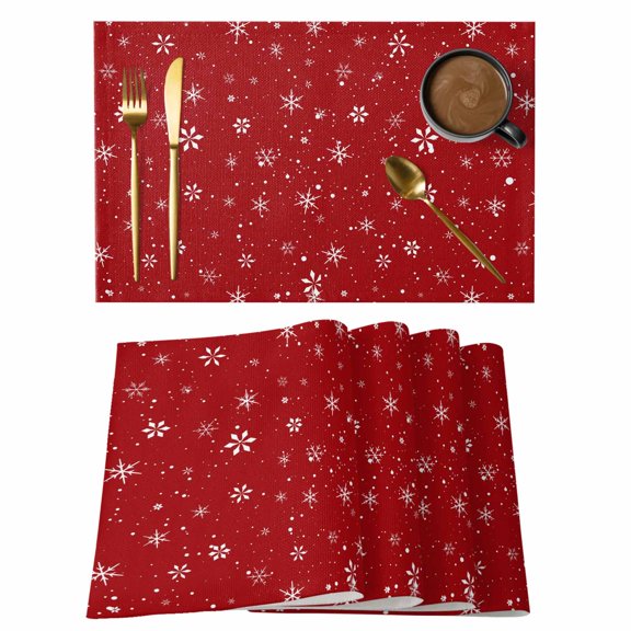 Winter Snowflake Seamless Placemats Set of 6,Wipeable Washable Table Mats for Dining Tables, Christmas Red Falling Snow Place Mats for Kitchen Event Party Tabletop Decor