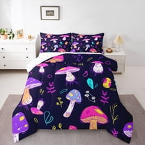 Homewish Multicolor Mushroom Full Size Comforter Sets,Rustic Planet Bedding Comforter Set,Purple Pink Black Bedding Sets For Girls Kids,Super Cozy Room Decor Reversible,3-Piece