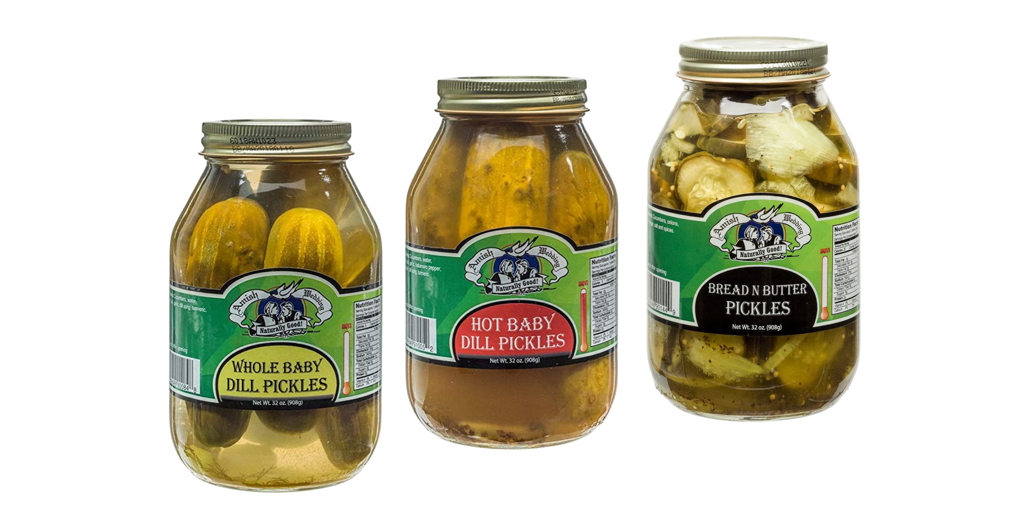 Amish Wedding Baby Dill, Hot Baby Dill & Bread & Butter Pickles, 32 oz. Jars Variety 3Pack