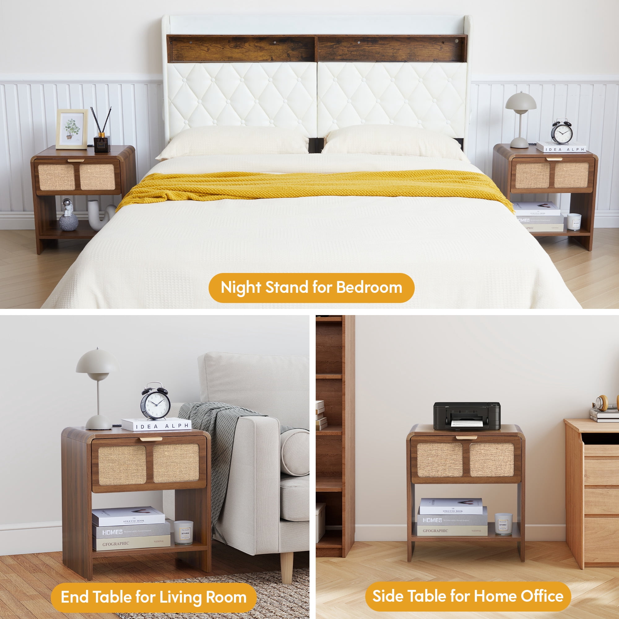 YOCWO Nightstand with Charging Station for Bedroom, Linen Bedside Table with Drawers, Walnut
