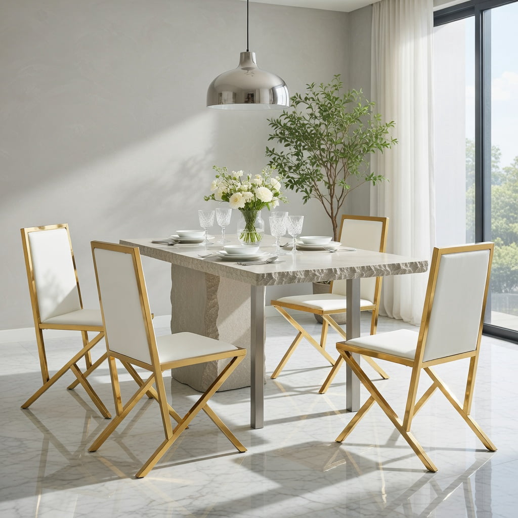 Hommoo 4-Pack Modern PU Leather Dining Chairs with Metal Legs, Ergonomic Design, Easy Assembly & Adjustable Non-Slip Feet, White & Gold