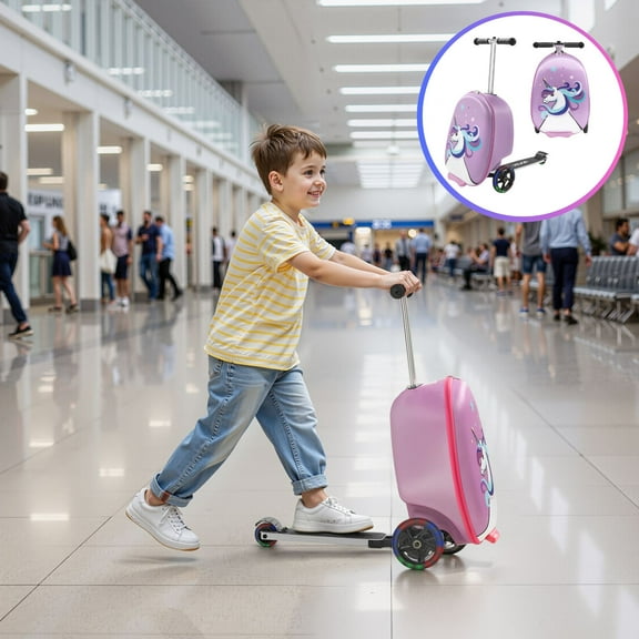 KFFKFF Ride-on Kids Luggage, 20L Capacity, 20-Inch Scooter Suitcase with Flashing PU Wheels, Adjustable Handle & Non-Slip Grip, Foldable and Lightweight Travel Companion for Children Aged 5 , Purple