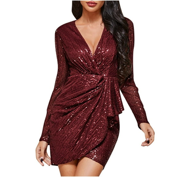 FAIWAD Womens Sequin Dresses Long Sleeve Ruched Wrap V Neck Dress Sparkly Cocktail Party Dresses