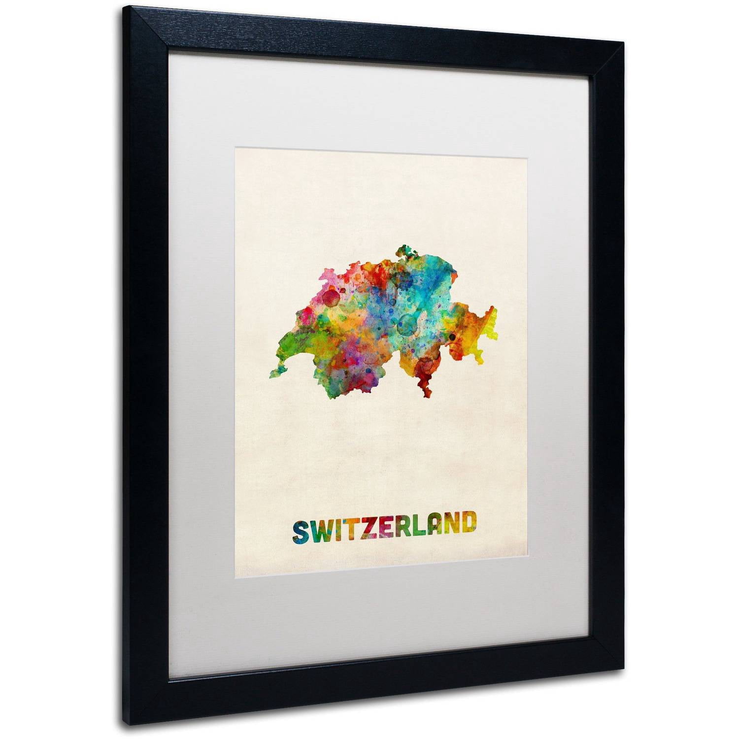 Trademark Fine Art 'Switzerland Watercolor Map' Canvas Art by Michael Tompsett, White Matte, Black Frame