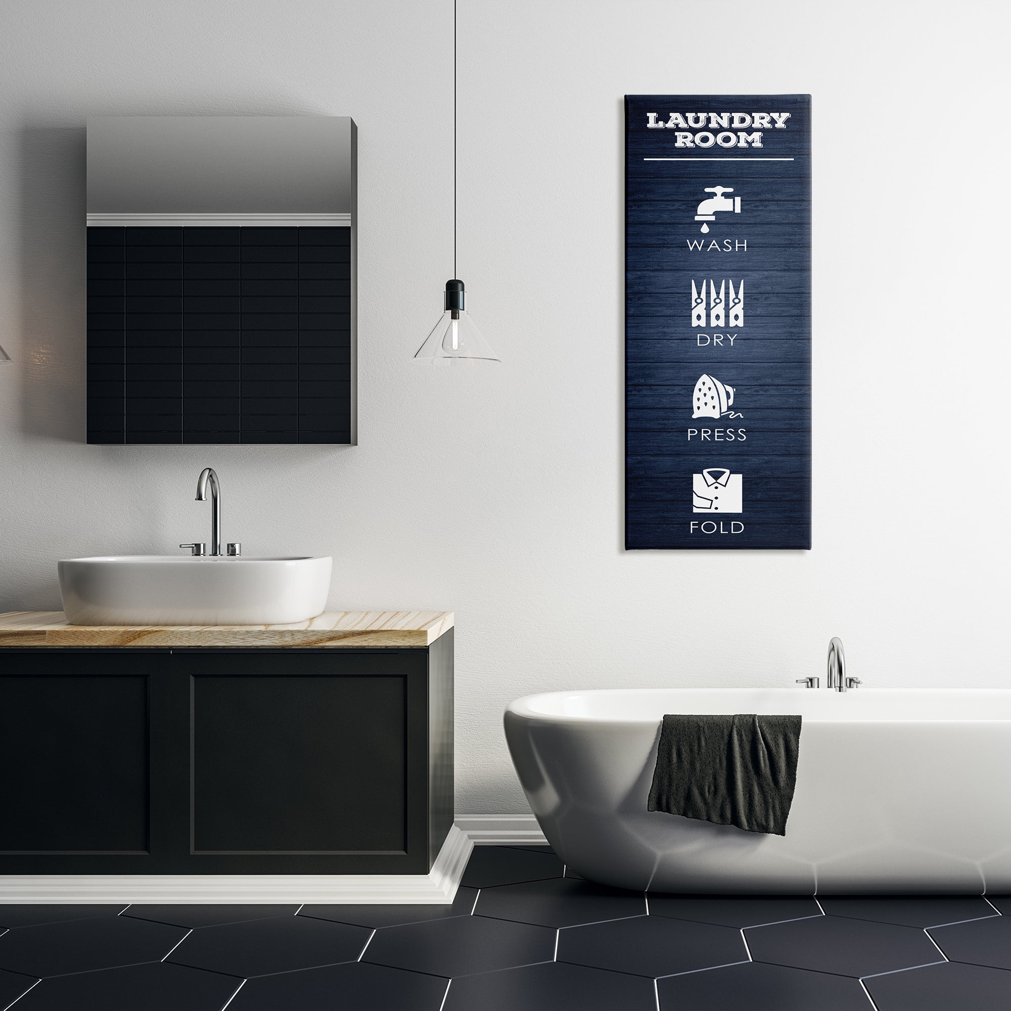 Stupell Industries Laundry Room Icons Rustic Blue Pattern Cleaning Guide, 20 x 48, Design by Melody Hogan