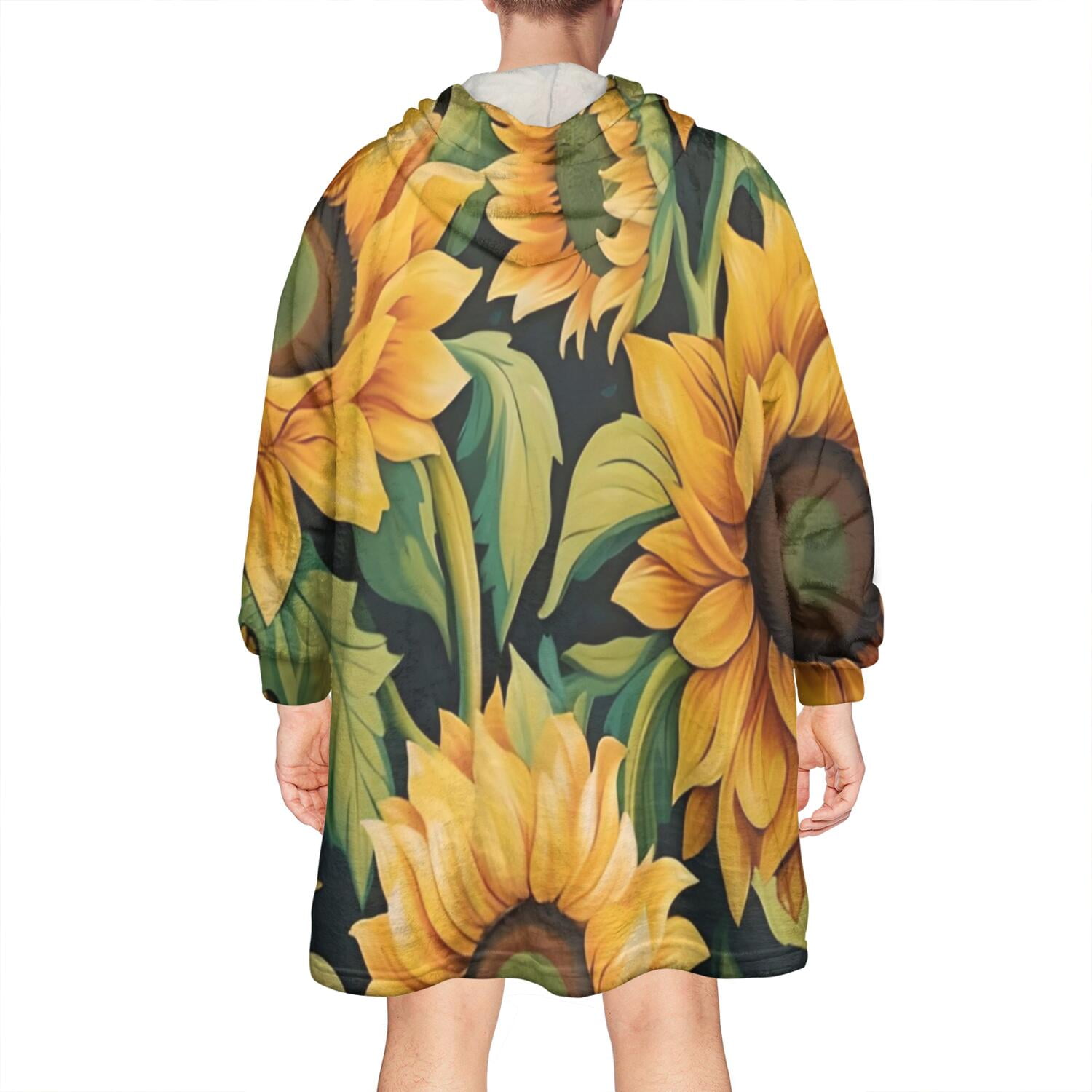 Dark Green Sunflower Pattern Wearable Oversized Blanket,Wearable Blanket Hoodie for Adults,Cozy Hooded Blankets with Super Pockets,Super Warm Fuzzy Pullover for Women & Men