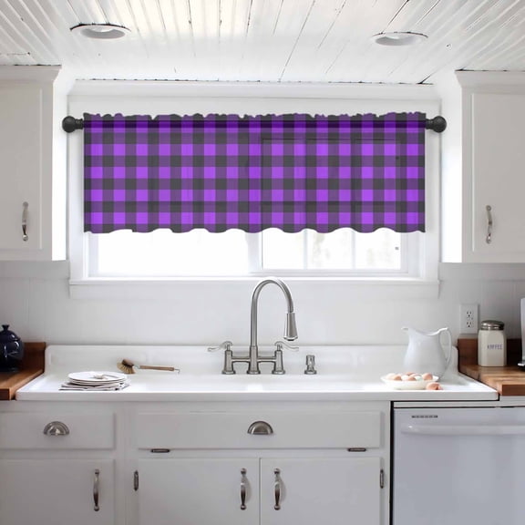 Black Purple Plaid Valance Curtains for Kitchen/Living Room/Bathroom/Bedroom Window, Farmhouse Simple Buffalo Checked Rod Pocket Small Topper Half Short Window Curtains Voile Sheer Scarf 54"x18"