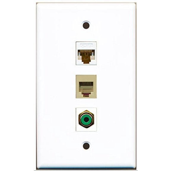 RiteAV - 1 Port RCA Green and 1 Port Phone RJ11 RJ12 Beige and 1 Port Cat6 Ethernet White Wall Plate