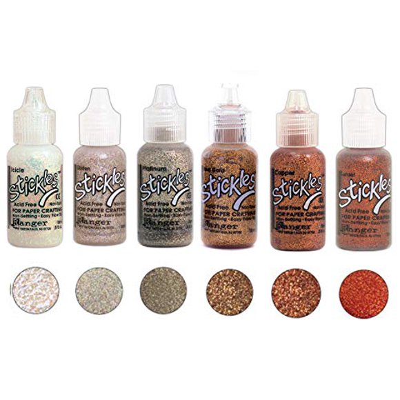 Ranger Stickles Glitter Glue Ensemble un « Scintillant » - Six Bouteilles de 0,5 fl oz - Glace, Paillettes, Platine, Or Rose, Cuivre et Coucher de Soleil