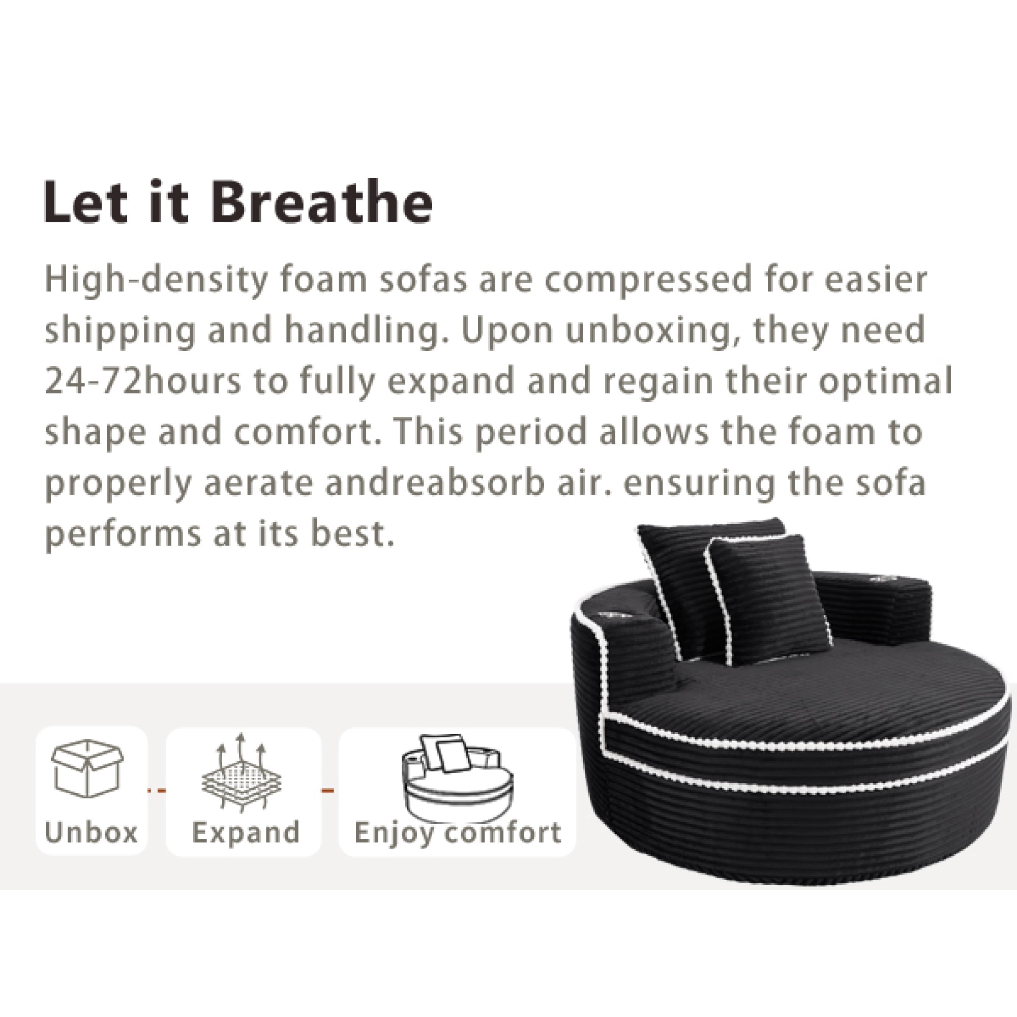 Leumius Oversized Round Chaise Lounge Chair Indoor, Upholstered Sofa Bed With Deep Seat and Cupholders,Cozy Boneless Chaise with High Density Memory Foam for Living Room,No Assembly,Black