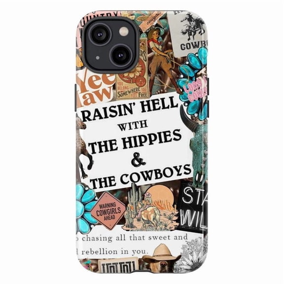 Hippies & Cowboys Phone Case, Vintage Western Collage Design, Artistic Protective iPhone Cover for iPhone 17 16 15 14 13 12 11 Pro Plus Mini