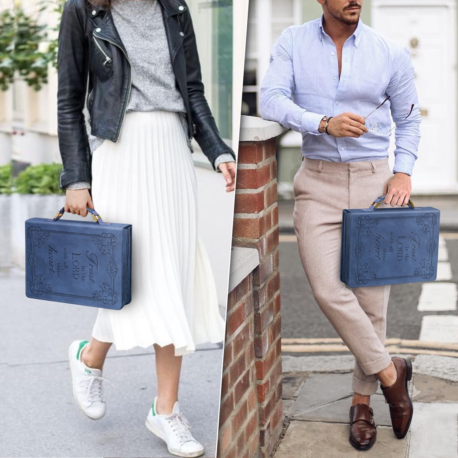 Classic Bible Cover, FINPAC Extra Large PU Leather Carrying Book Case Church Bag Bible Protective with Handle, Perfect Gift for Men, Women, Father, Mother, Friends [Trust in The Lord], Blue