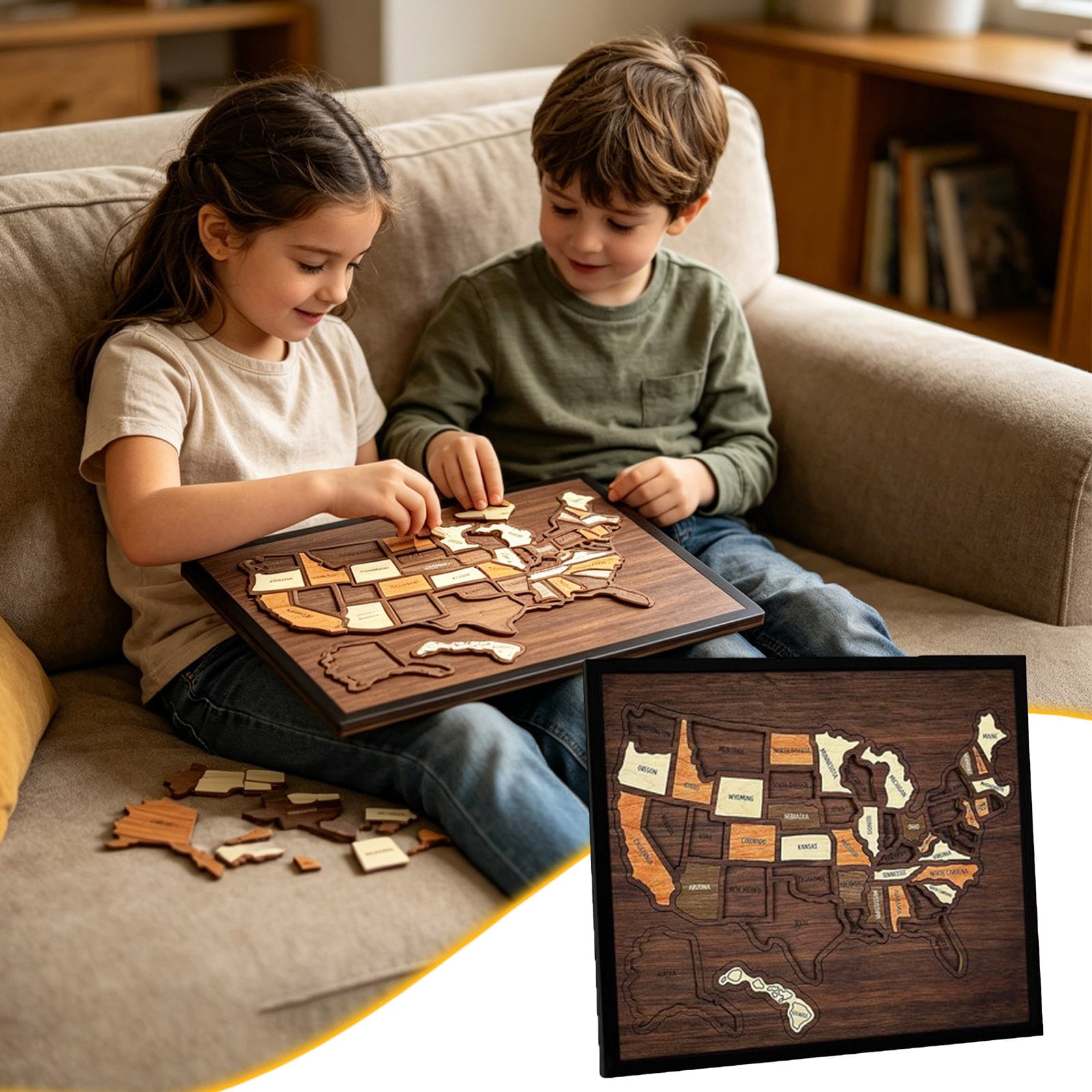 MTBLYS Wooden Usa Travel Map Puzzle 50 States Geography Educational Jigsaw Memory Wall Art Decor Home Office Gift