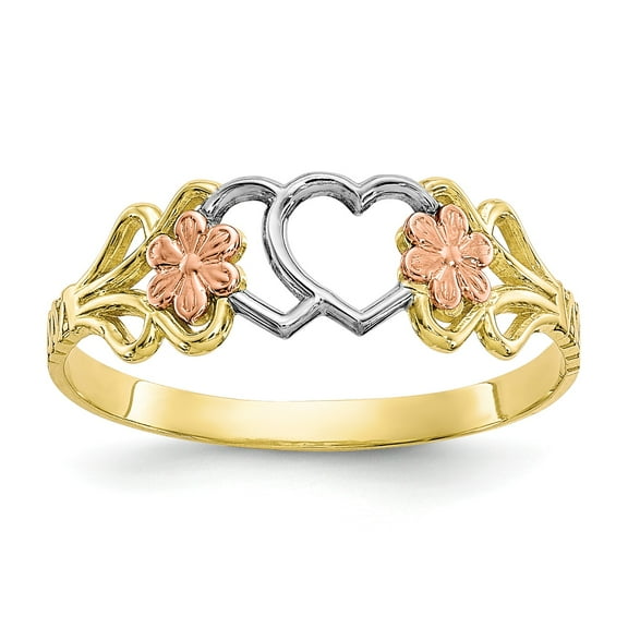 10k Two-tone & Rhodium Double Heart Ring in 10k Yellow and White Gold - Size 6