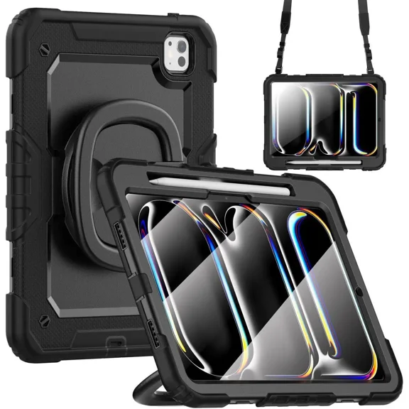 Case for iPad Pro 11 Inch 2024 M4 2024 5th Generation A2836 A2837 A3006, Shockproof Protective Cover with Screen Protector, Rotating Stand, Hand/Shoulder Strap, Pencil Holder