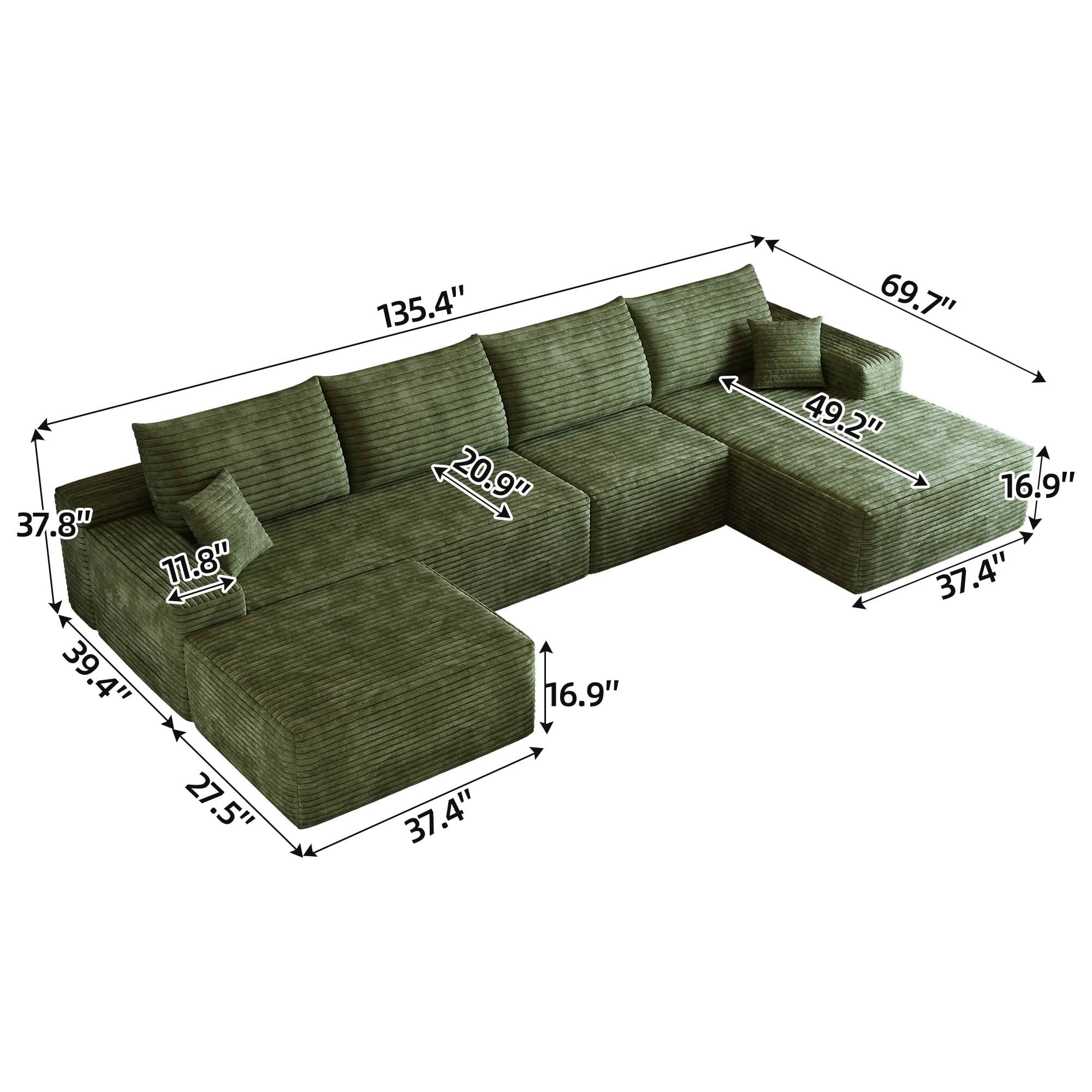 MAYEERTY 135" Cloud Sectional Sofa with Ottoman, U Shaped Deep Seat Couch, Plush Corduroy Fabric, No Assembly Required, Green