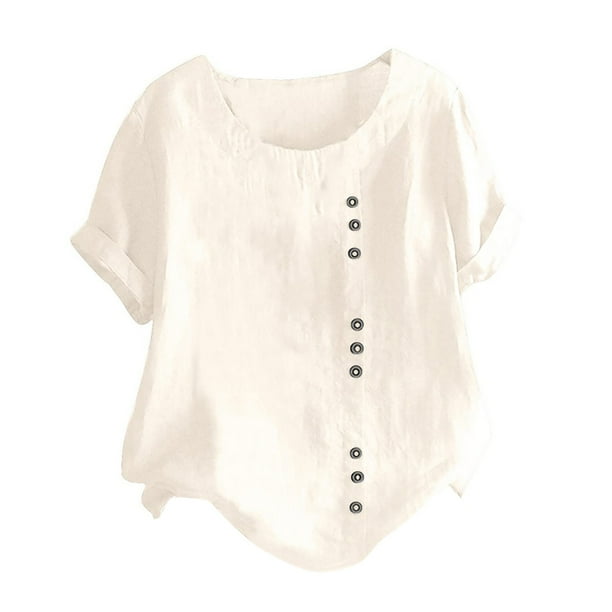 Blusas de manga corta con cuello redondo de color sólido informal de verano para mujer OAVQHLG3B Store lin121212