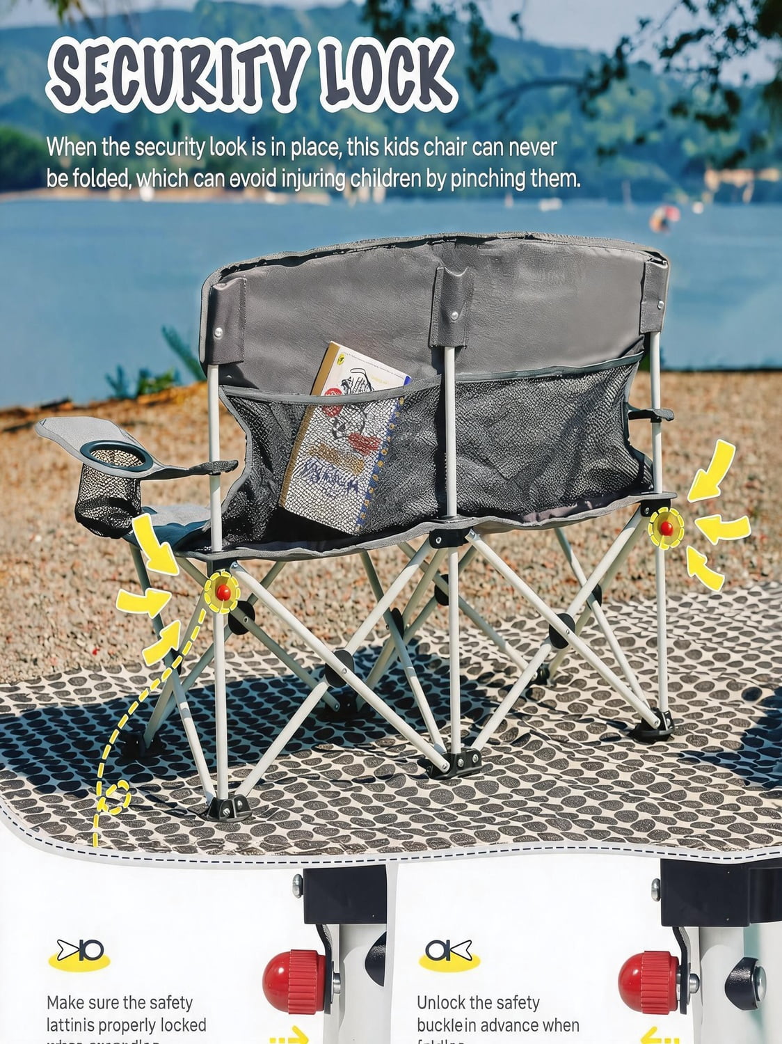 Double Kids Folding Camping Chair with Cup Holders Mesh Pocket Safety Lock and Padded Seat in Grey