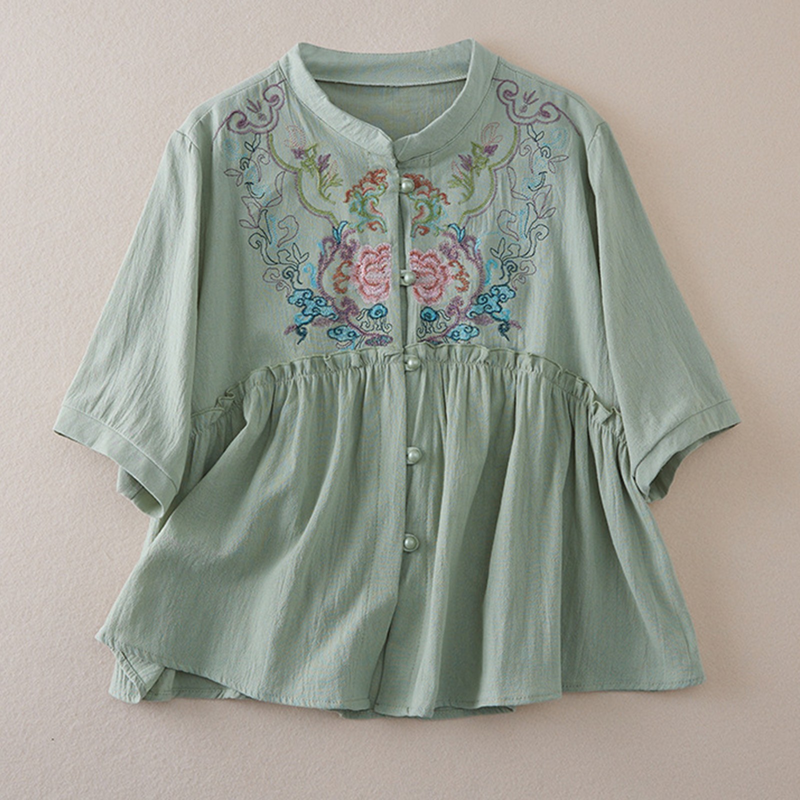 Embroidered Boho Tops for Women Vacation Beach Solid Blouses Loose Tunics Top Work Tees Solid Color Pullover Shirts Retro Embroidered 3/4 Sleeve Boho Tops Boho Shirts 3/4 Length Sleeve Shirts 2XL