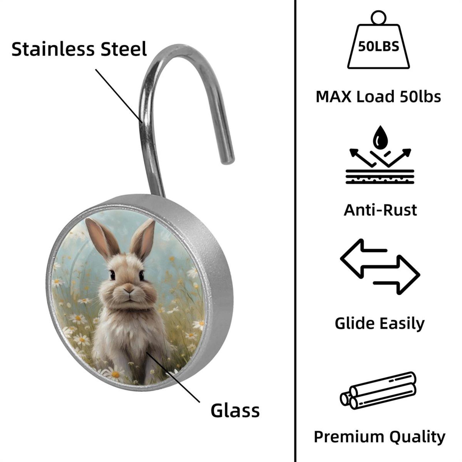Imobaby 12 Pcs Metal Shower Curtain Hooks Rust Proof for Shower Curtain Liner - Daisy Apricot Rabbit