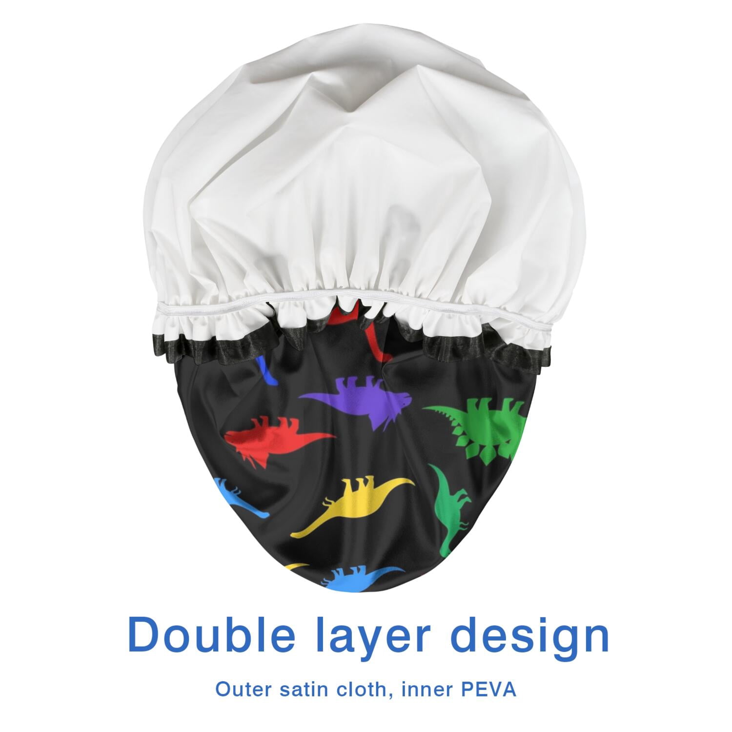 Shower Caps,Black Cartoon Dinosaurs Colorful Silhouettes Pattern Waterproof Shower Cap for Women 4 Pieces,Double Reusable Hair Cover for Shower PEVA Elastic Stretch Hem