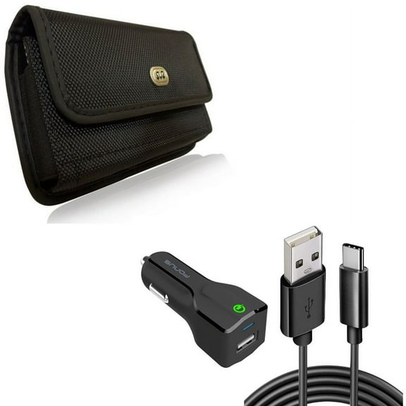 Case Belt Clip & Car Charger for iPhone 15 Pro Max - Rugged Holster Canvas Cover and 18W Fast USB Port 6ft Cable Type-C W1O for iPhone 15 Pro Max (6.7")