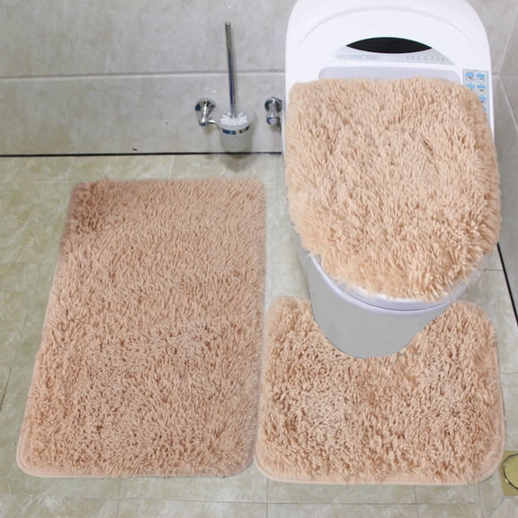 Khaki 3-Piece Bathroom Rug Set, Non-Slip PVC Backing Absorbent Bath Rug, Soft Fluff Machine Washable Floor Mats for Bathtub, Shower & Toilet